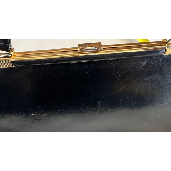 Vintage Black Leather Handbag With Gold Frame & Suede Interior Made In Ireland - Picture 3 of 9
